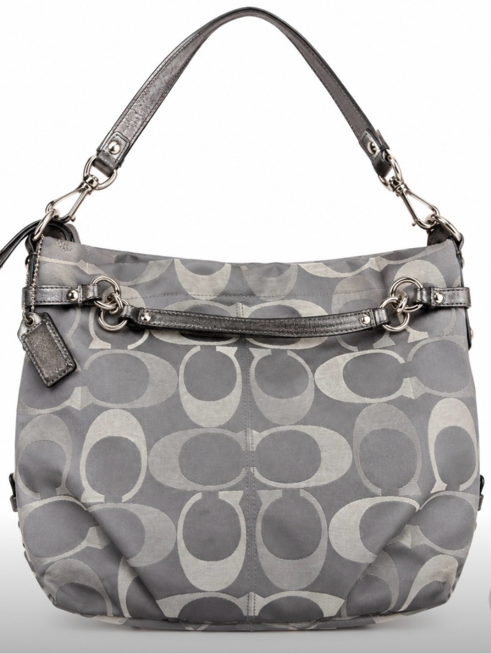 Coach Grey Signature Pattern Hobo Bag with Metallic Trim